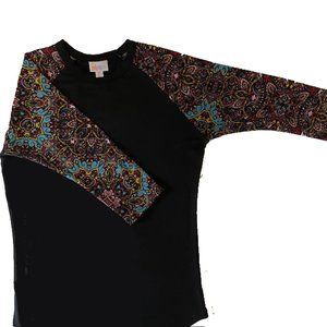 LuLaRoe Randy Raglan Sleeve T-Shirt Size XS Black Body with Multi-Colored Sleeve